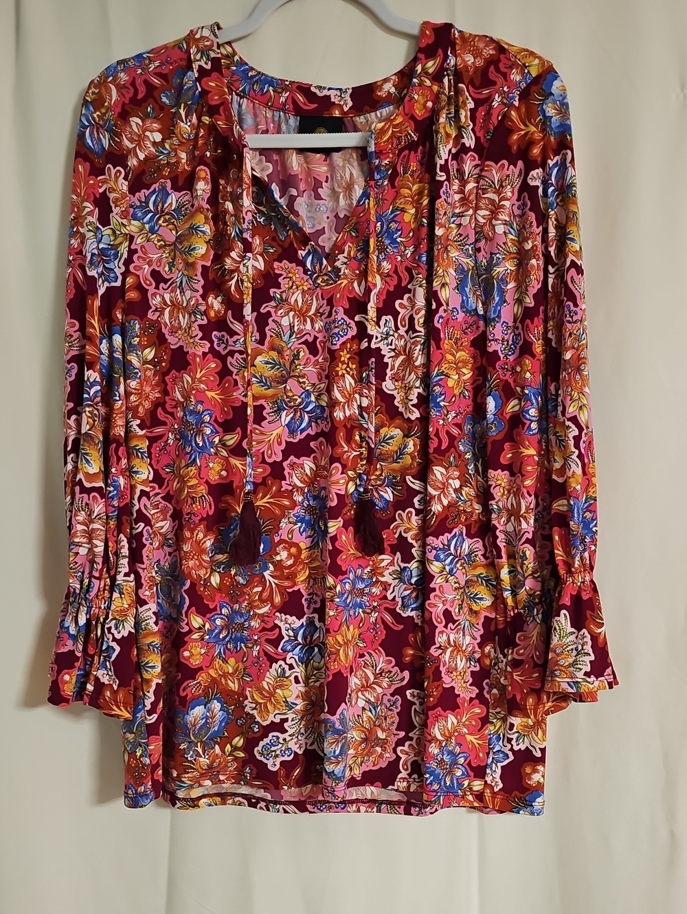 JM Collection Burgundy Multicolor Floral V-Neck Tunic